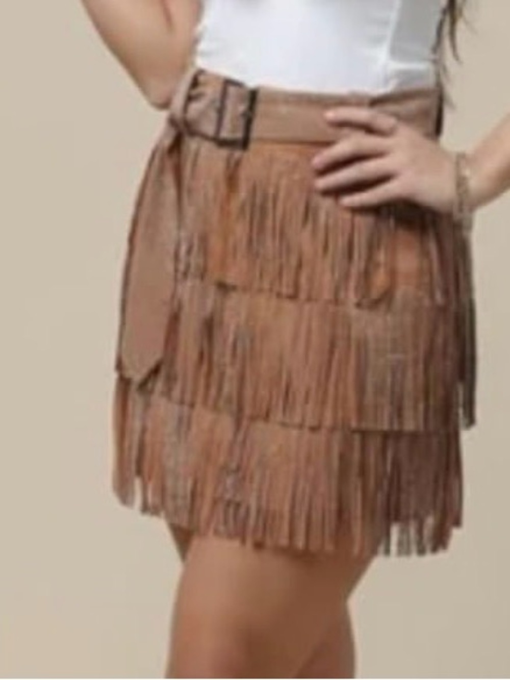 Embellished Fringe Mini Skirt in Brown with Matching Belt - Picture 3 of 4